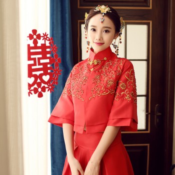秀禾服2017新款中式婚纱礼服红色旗袍长款龙凤褂新娘结婚敬酒服女