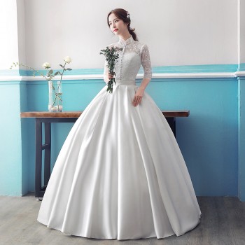 婚纱礼服2017新款齐地拖尾中式新娘结婚公主简约复古缎面大码定制