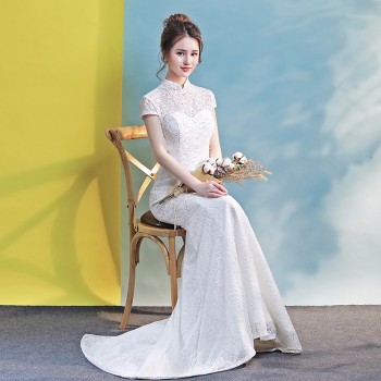知设婚纱礼服新娘2017新款夏韩式长袖收腰鱼尾中式小拖尾简约婚纱