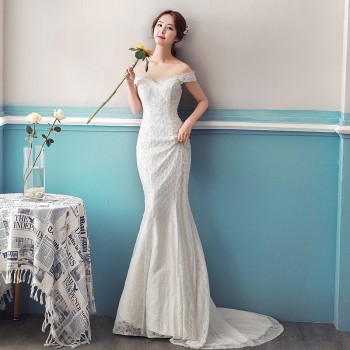 知设2017新款夏季甜美一字肩鱼尾修身显瘦结婚新娘小拖尾婚纱礼服