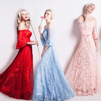 晚礼服2017新款夏季敬酒服新娘一字肩长款修身红色结婚宴会礼服女