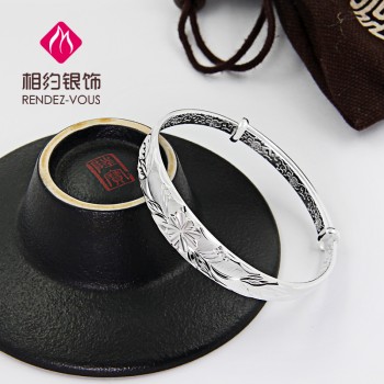 相约银饰S999足银手镯宽面福字手镯亮面送女友妈妈闺蜜纯银镯子