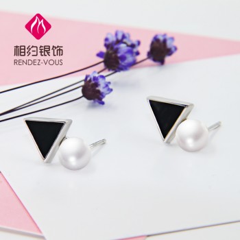 相约银饰 s925纯银天然淡水珍珠几何三角形复古简约耳钉耳饰