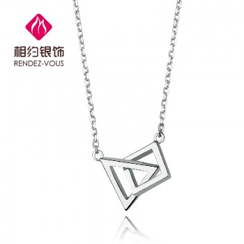 相约银饰s925纯银韩版新款简约几何正方形三角形相交锁骨项链吊坠配饰女