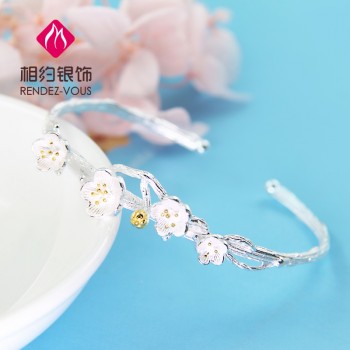 相约银饰990银手镯桃花款手镯990足银镯子女 生日简约未镶嵌