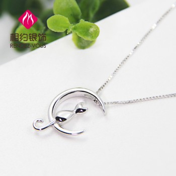 相约银饰S925月亮上的猫 猫星人纯银套链猫系列可爱猫咪
