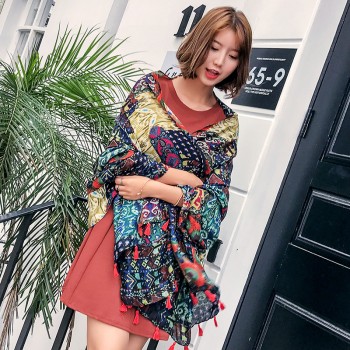 春秋夏季女文艺复古民族风披肩棉麻超大防晒旅游围巾流苏丝巾