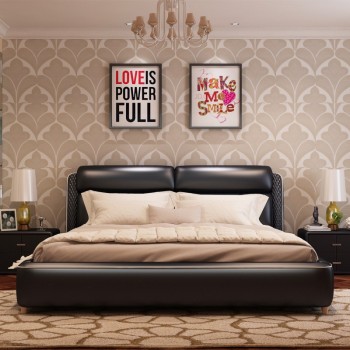 现代简约真皮软床1.5米1.8m双人床 小户型黑色黄色主卧室配套婚床