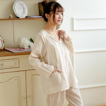 纯棉双层纱布睡衣月子服哺乳衣 灰格子