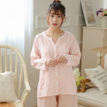 纯棉双层纱布睡衣月子服哺乳衣 粉格子