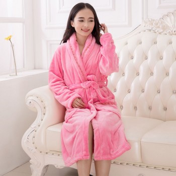 法兰绒加厚保暖睡袍浴袍 粉红