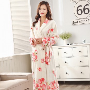法兰绒加厚保暖睡袍浴袍 玫瑰花