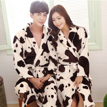 法兰绒加厚保暖睡袍浴袍 奶牛