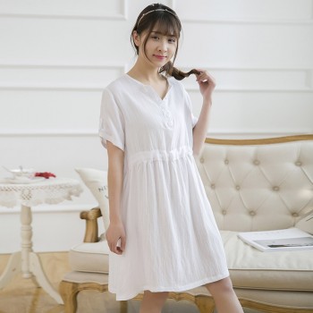 棉麻复古透气裙大码女士简约中长款裙子 玉白裙
