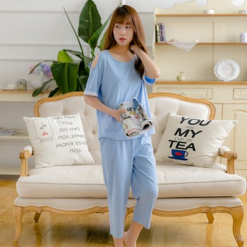 棉麻套装宽松大码七分装心形套装 水蓝套装