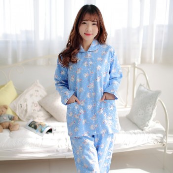 纯棉绒布睡衣套装舒服高档睡衣家居服 蓝雪人