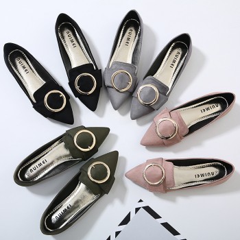 女鞋尖头绒面豆豆鞋韩版平底单鞋百搭浅口方扣女鞋