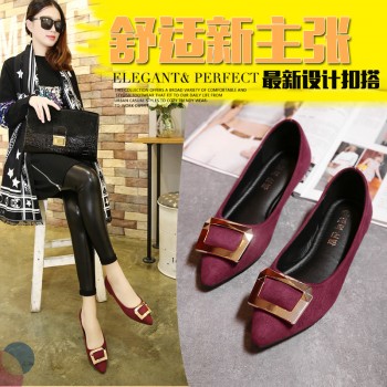 2017春秋新款尖头绒面平底鞋浅口方扣平跟女单鞋